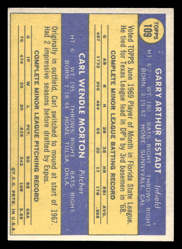 1970 Topps #109 Garry Jestadt/Carl Morton Ex-Mint RC Rookie  ID: 486876