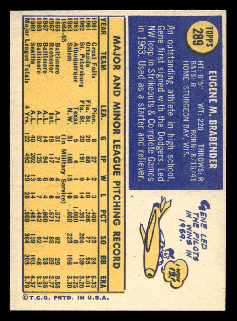 1970 Topps #289 Gene Brabender Ex-Mint  ID: 487192