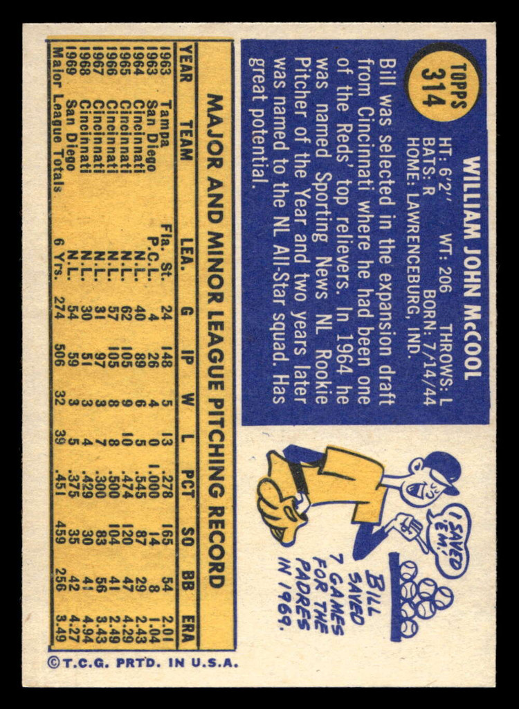 1970 Topps #314 Bill McCool Near Mint+  ID: 487230