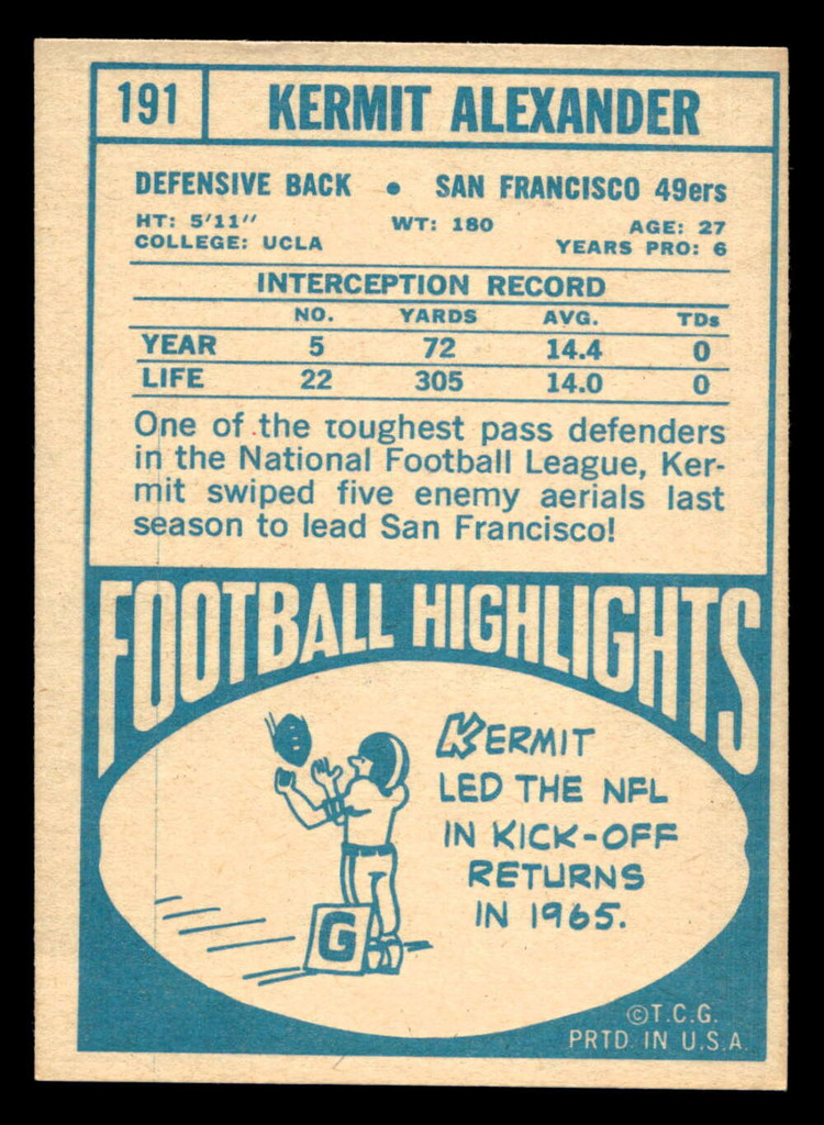 1968 Topps #191 Kermit Alexander Near Mint Miscut 