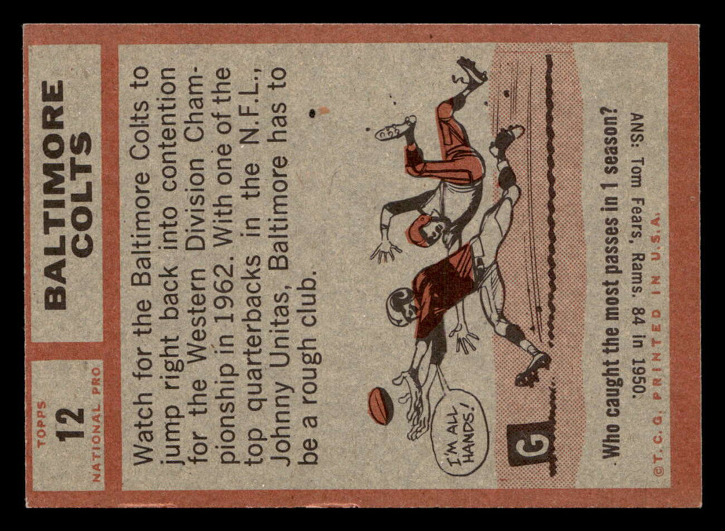1962 Topps #12 Colts Team Ex-Mint  ID: 488932