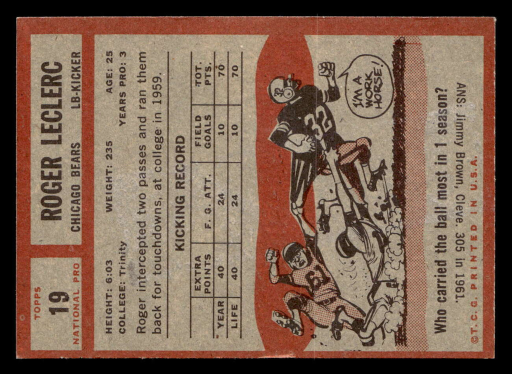 1962 Topps #19 Roger LeClerc Ex-Mint  ID: 488949