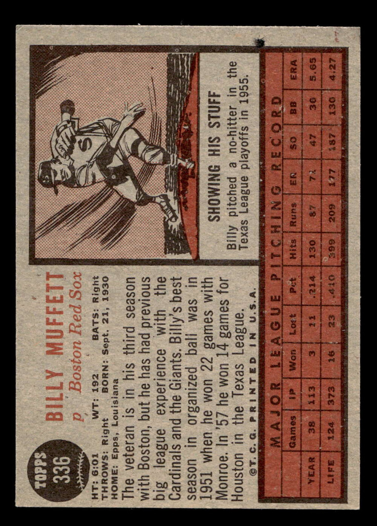 1962 Topps #336 Billy Muffett Ex-Mint  ID: 489373