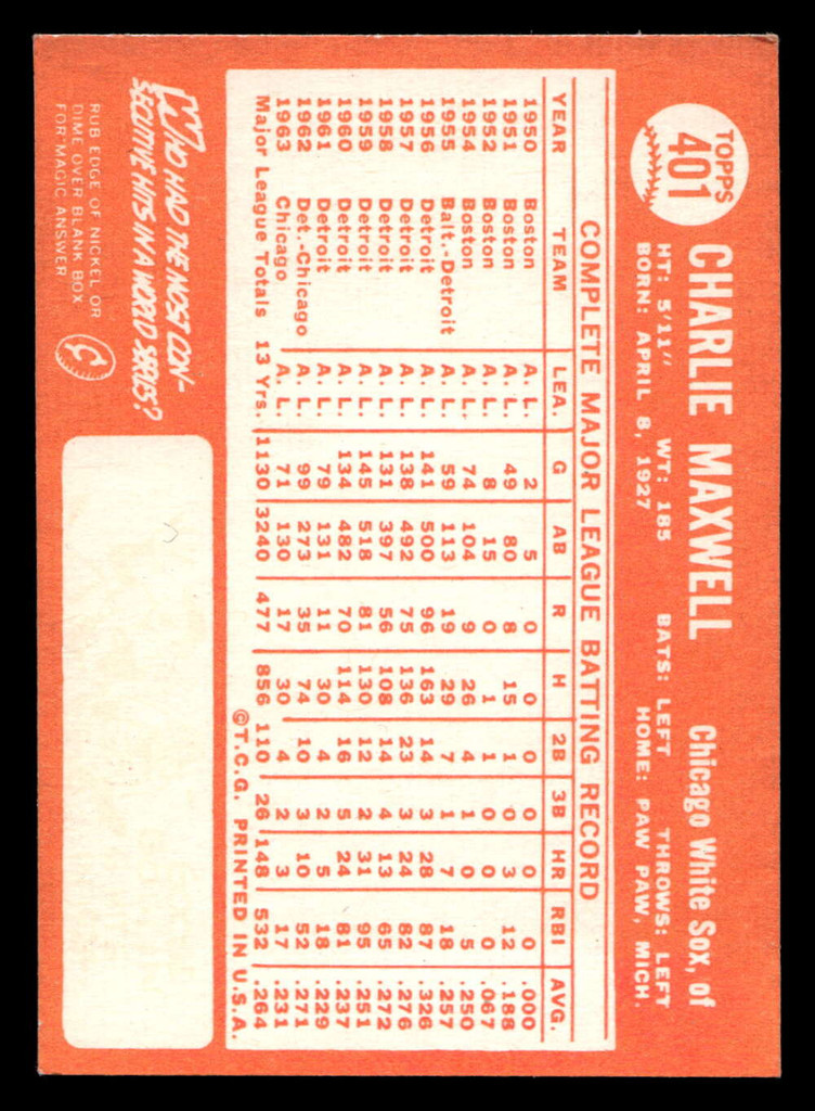 1964 Topps #401 Charlie Maxwell Ex-Mint  ID: 489815