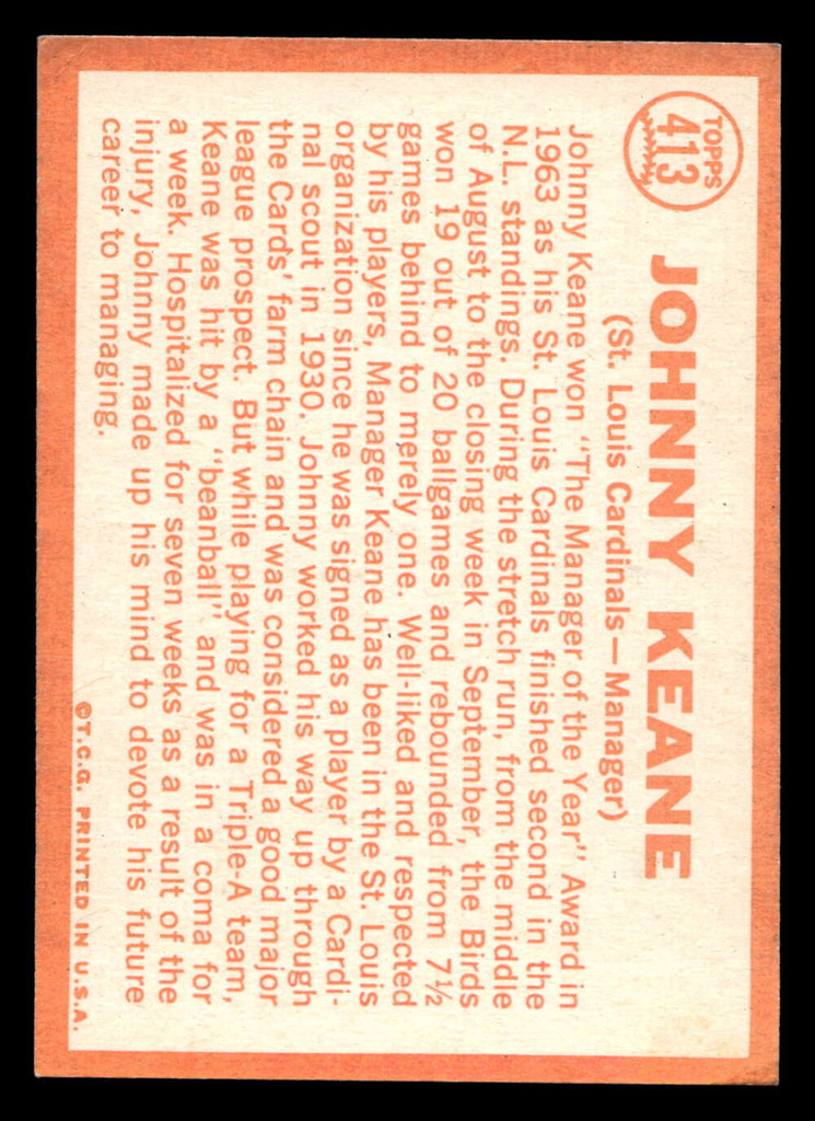 1964 Topps #413 Johnny Keane MG Excellent+  ID: 489832
