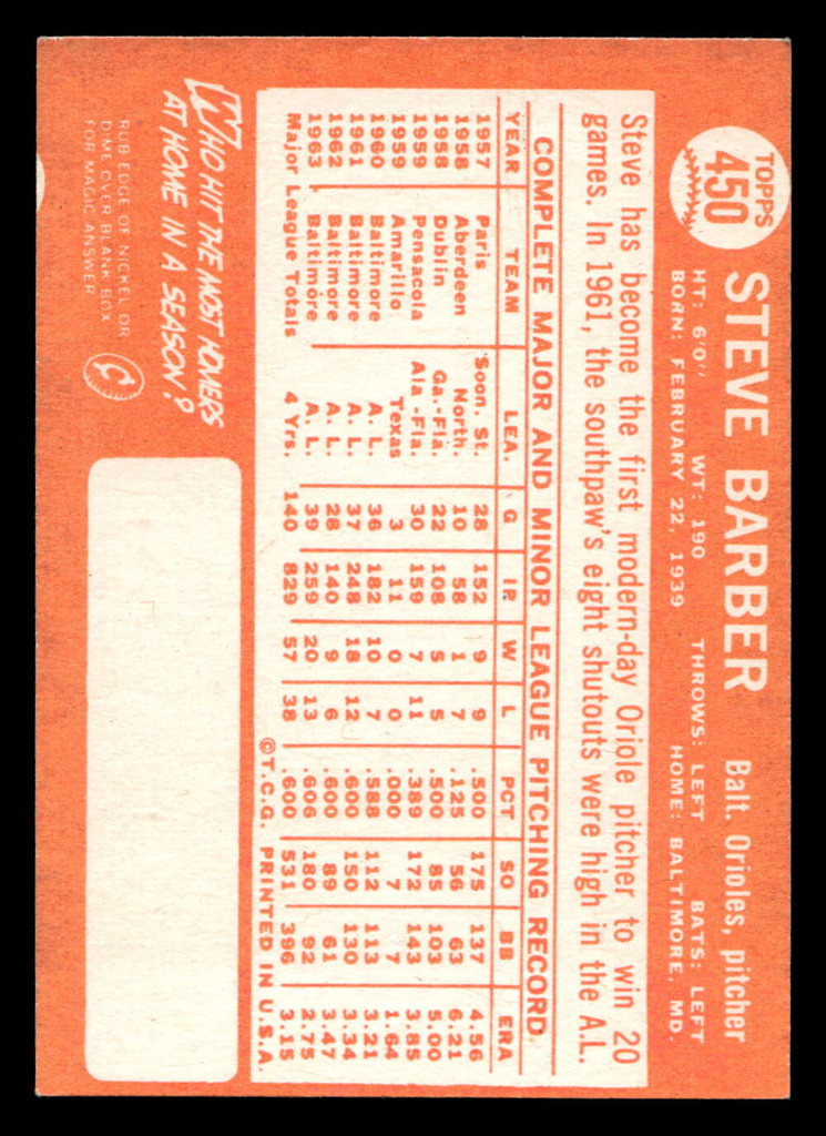 1964 Topps #450 Steve Barber Excellent+  ID: 489903