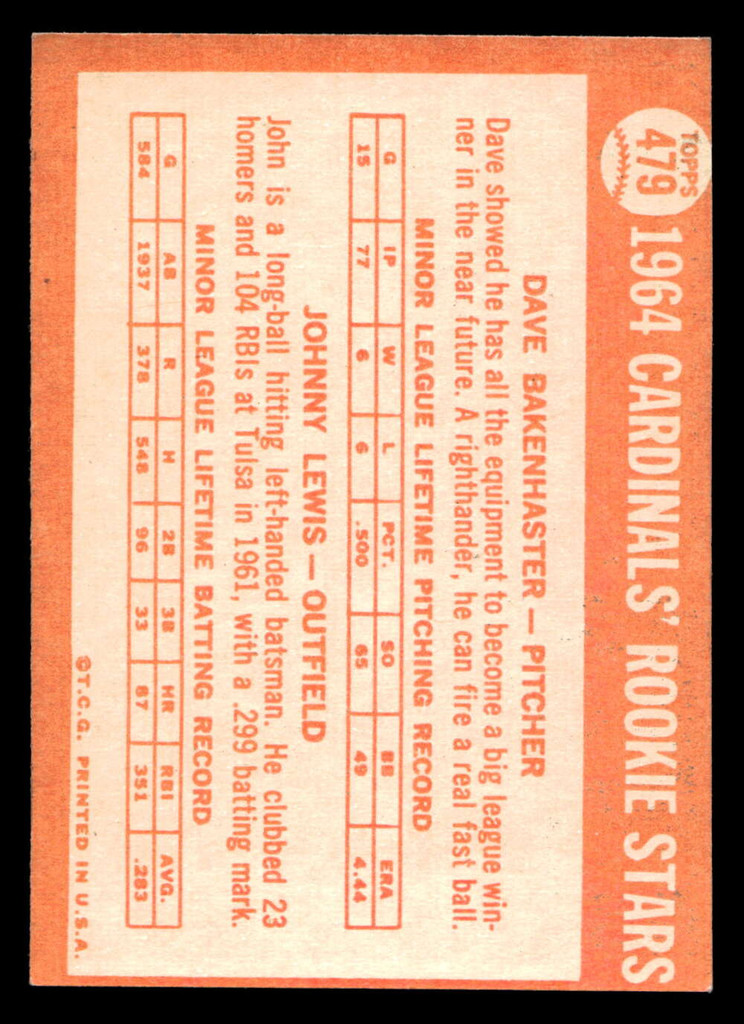 1964 Topps #479 Dave Bakenhaster/Johnny Lewis Cardinals Rookies Ex-Mint RC Rookie  ID: 489965