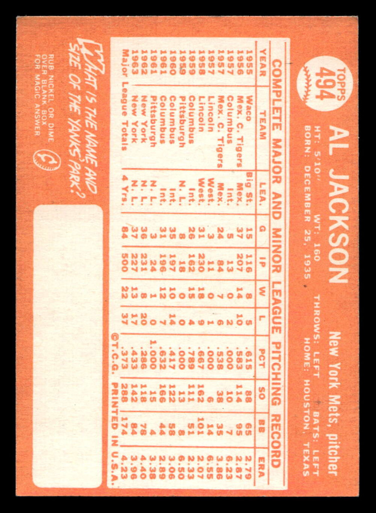1964 Topps #494 Al Jackson Near Mint  ID: 489992