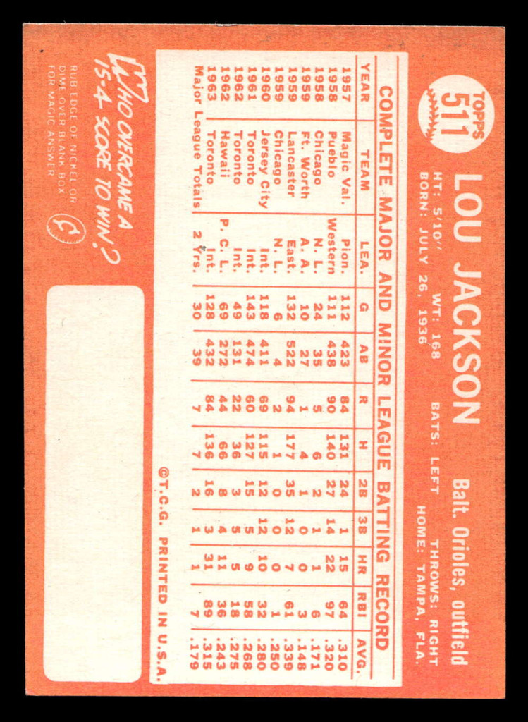 1964 Topps #511 Lou Jackson Ex-Mint  ID: 490039