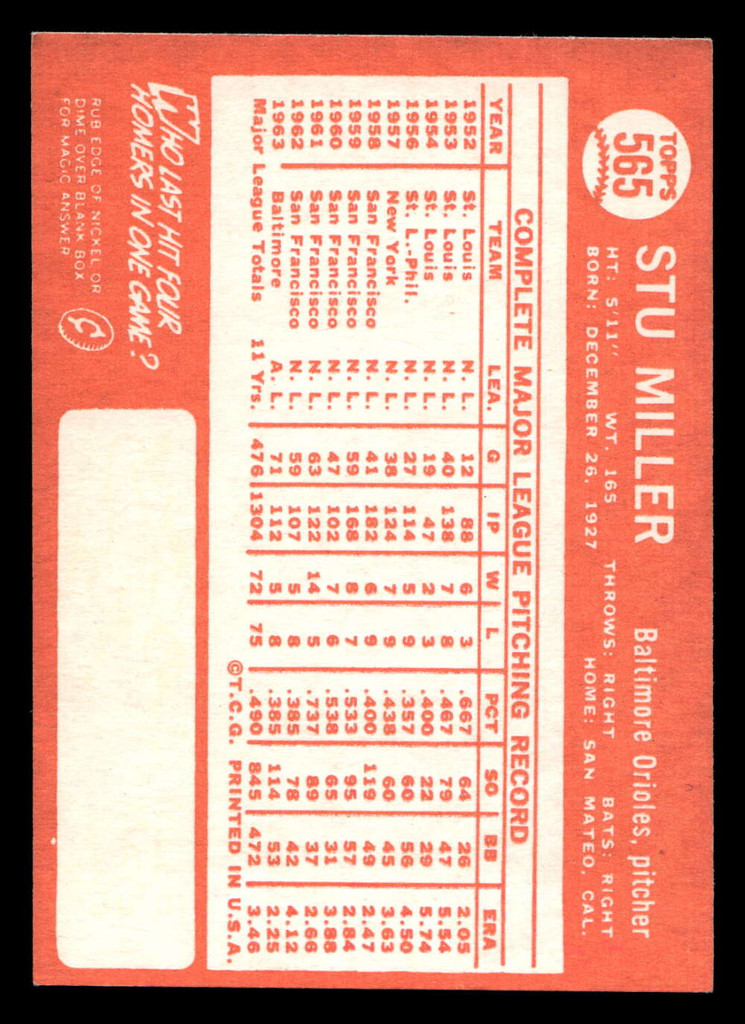 1964 Topps #565 Stu Miller Ex-Mint High#  ID: 490137