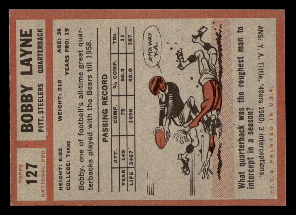 1962 Topps #127 Bobby Layne Very Good Crease 