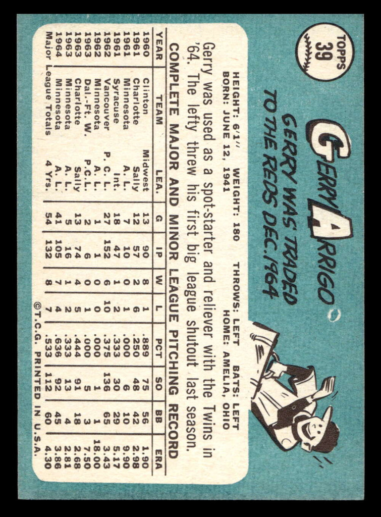 1965 Topps #39 Gerry Arrigo Near Mint  ID: 490648