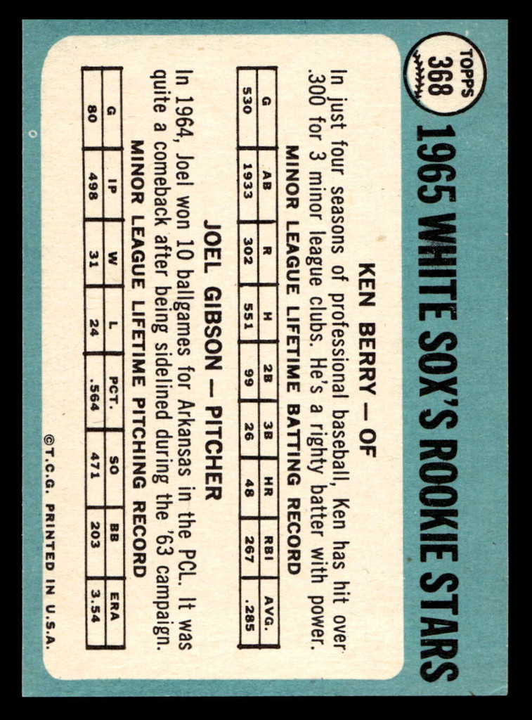 1965 Topps #368 Ken Berry/Joel Gibson White Sox Rookies Ex-Mint RC Rookie 