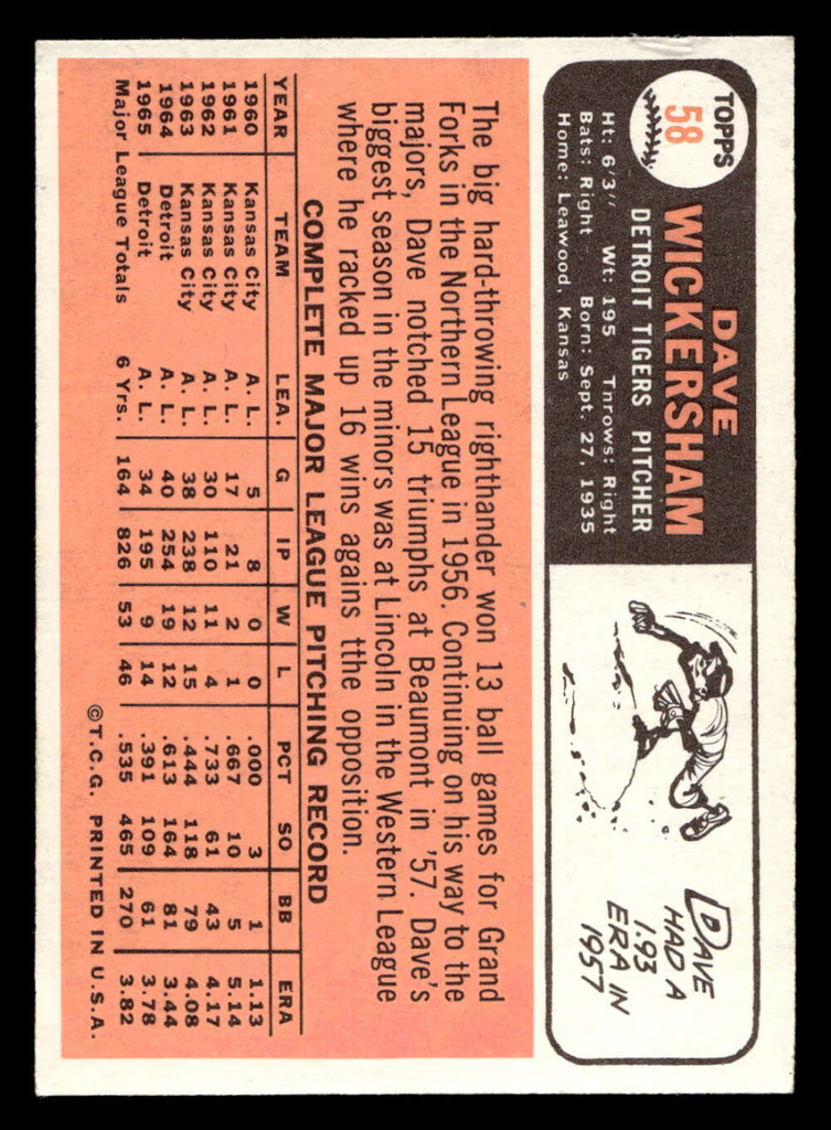 1966 Topps #58 Dave Wickersham Ex-Mint  ID: 491661