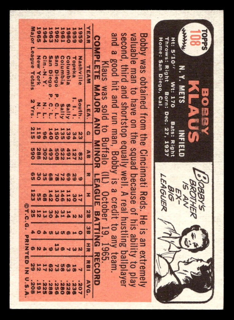1966 Topps #108 Bobby Klaus Ex-Mint 