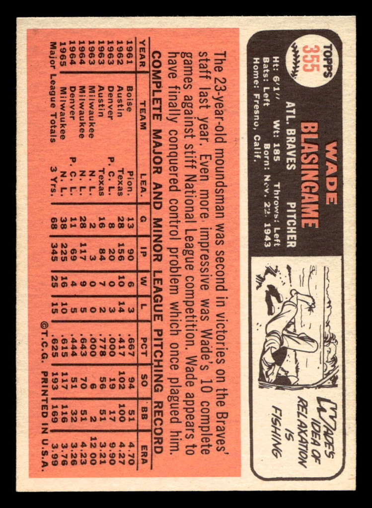 1966 Topps #355 Wade Blasingame Ex-Mint  ID: 492283