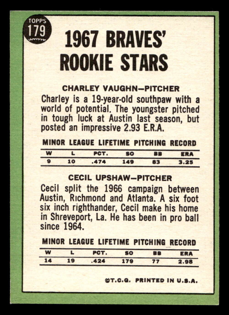 1967 Topps #179 Charles Vaughan/Cecil Upshaw Braves Rookies Ex-Mint RC Rookie  ID: 493297