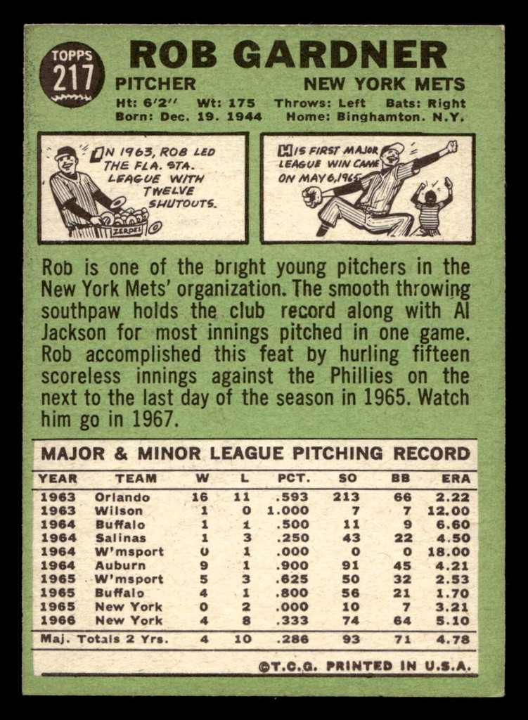 1967 Topps #217 Rob Gardner Ex-Mint  ID: 493387