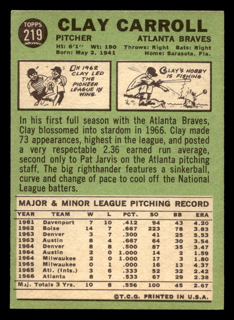 1967 Topps #219 Clay Carroll Ex-Mint  ID: 493393