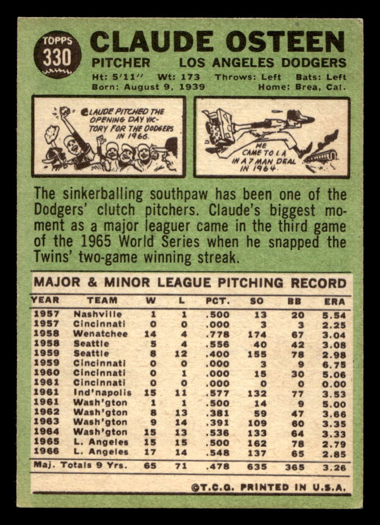 1967 Topps #330 Claude Osteen Ex-Mint  ID: 493592