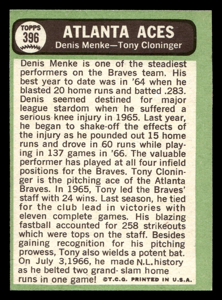 1967 Topps #396 Denis Menke/Tony Cloninger Atlanta Aces Ex-Mint 