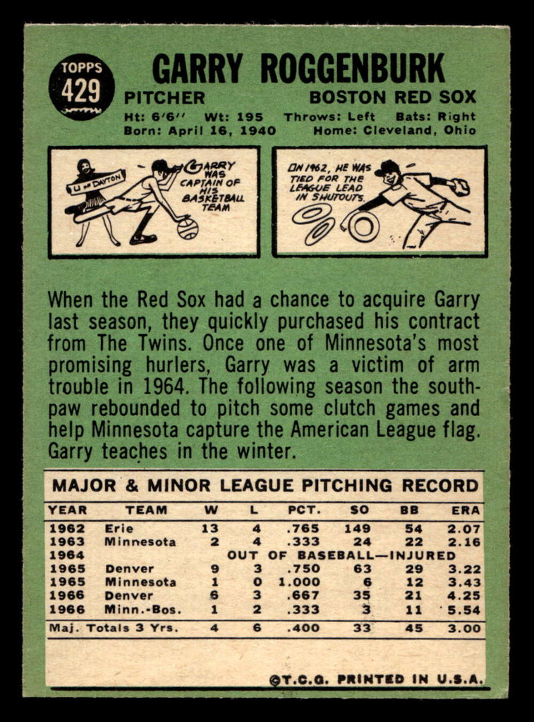 1967 Topps #429 Garry Roggenburk DP Excellent+ 