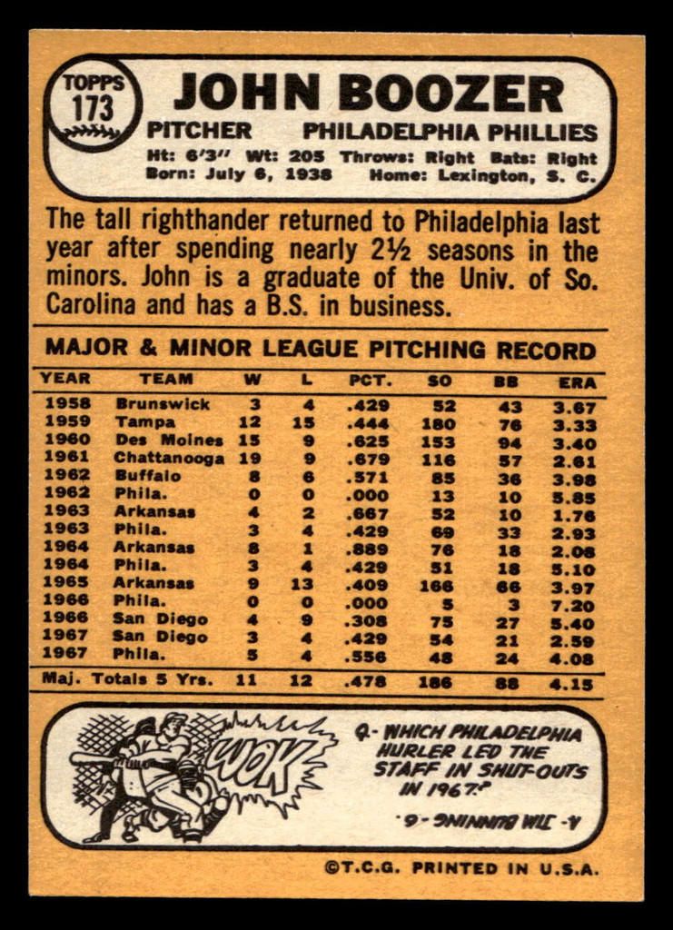 1968 Topps #173 John Boozer Near Mint+  ID: 494182