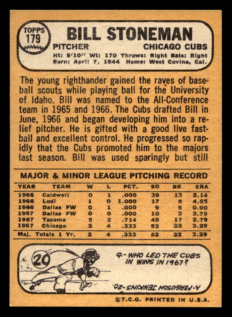 1968 Topps #179 Bill Stoneman Near Mint+ RC Rookie 