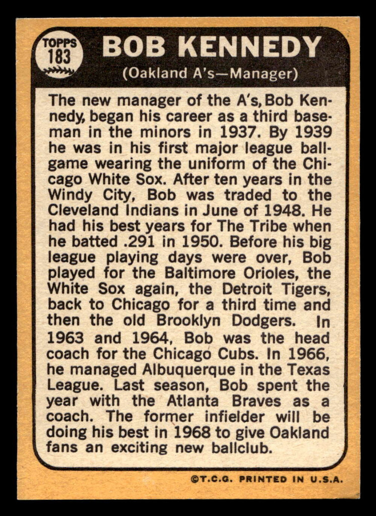 1968 Topps #183 Bob Kennedy MG Ex-Mint  ID: 494191