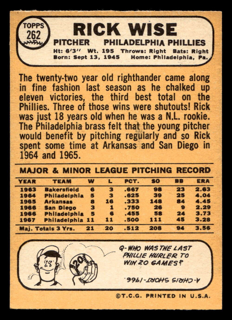 1968 Topps #262 Rick Wise Near Mint  ID: 494298
