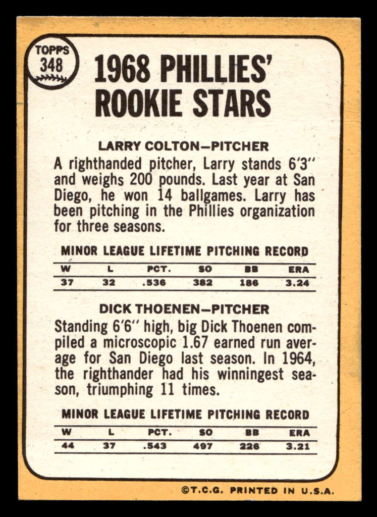 1968 Topps #348 Larry Colton/Dick Thoenen Ex-Mint RC Rookie  ID: 494432