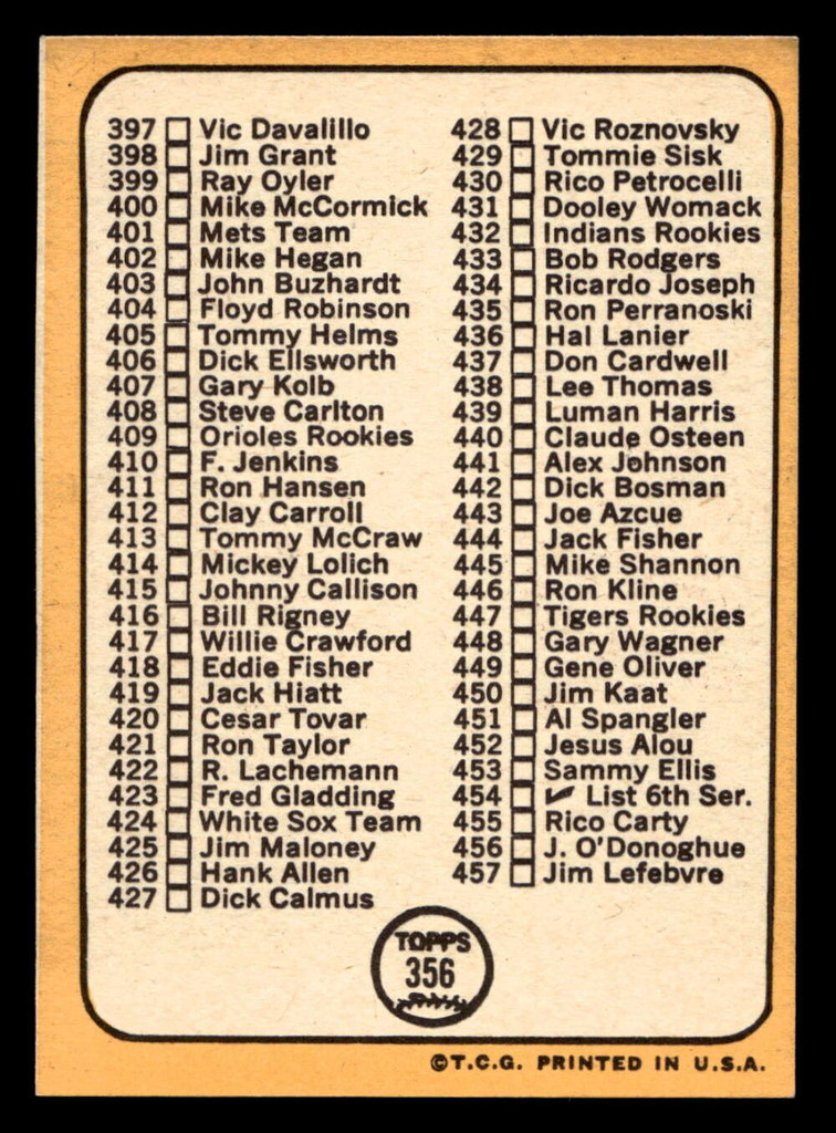 1968 Topps #356 Ken Holtzman Checklist 371-457 Ex-Mint  ID: 494450