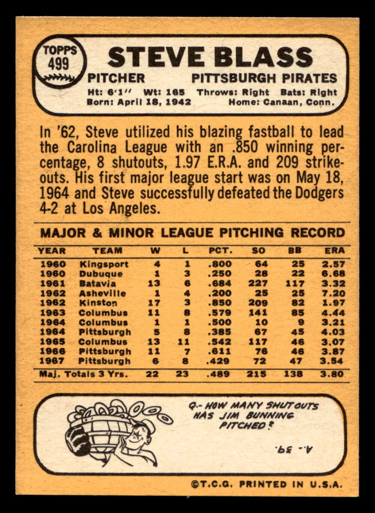 1968 Topps #499 Steve Blass Near Mint  ID: 494637