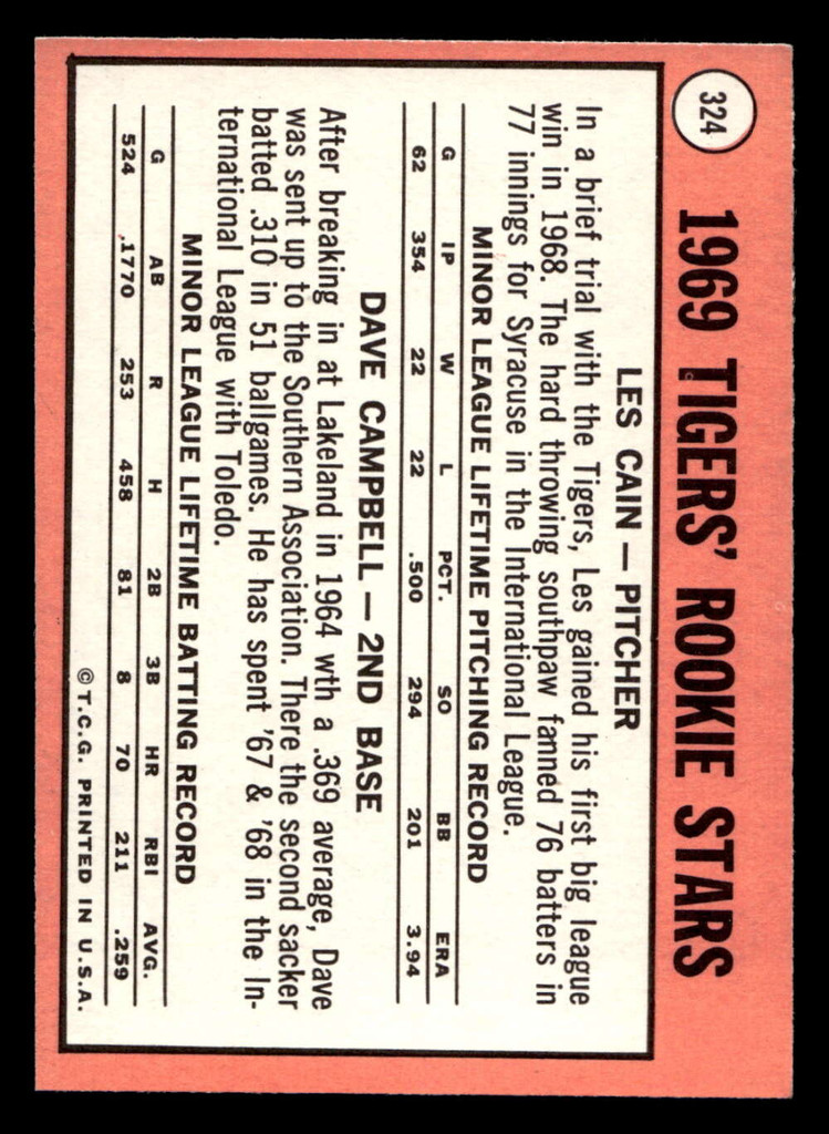 1969 Topps #324 Les Cain/Dave Campbell Tigers Rookies Near Mint RC Rookie  ID: 495374