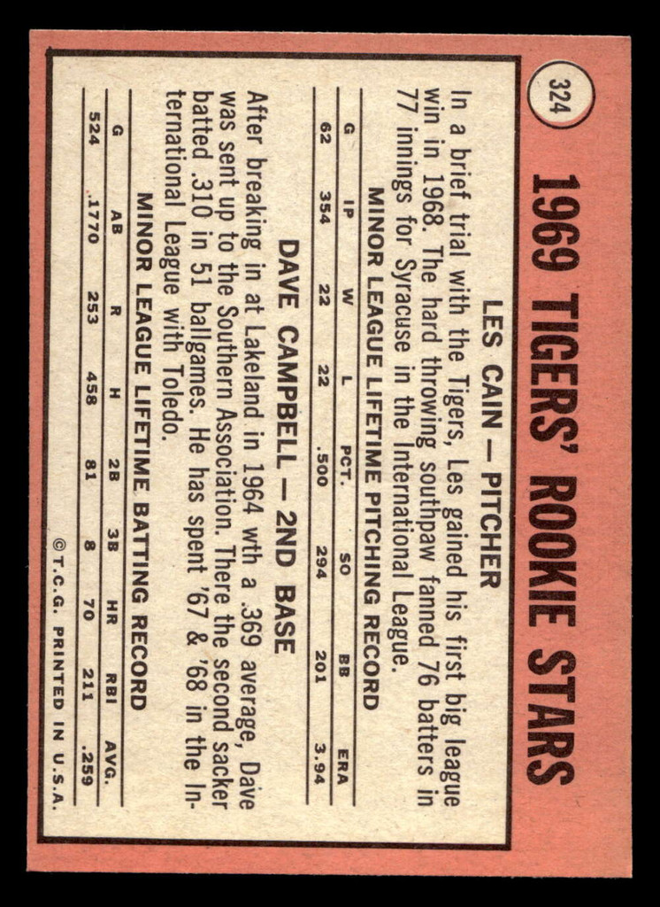 1969 Topps #324 Les Cain/Dave Campbell Tigers Rookies Ex-Mint RC Rookie  ID: 495376