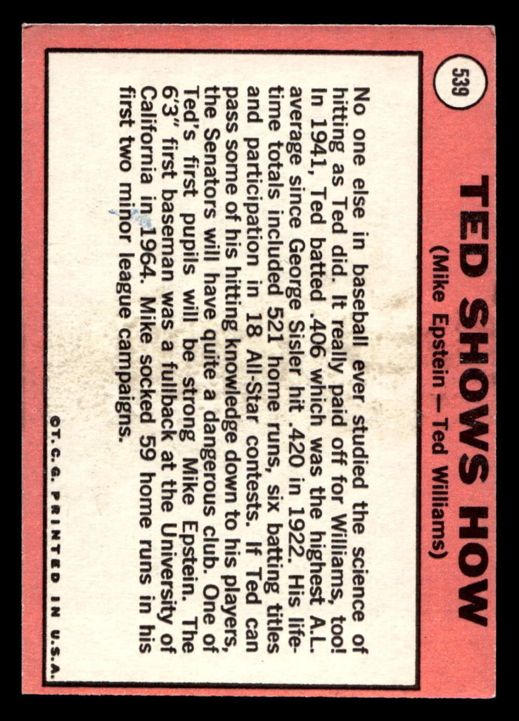 1969 Topps #539 Mike Epstein/Ted Williams Ted Shows How Ex-Mint  ID: 495739