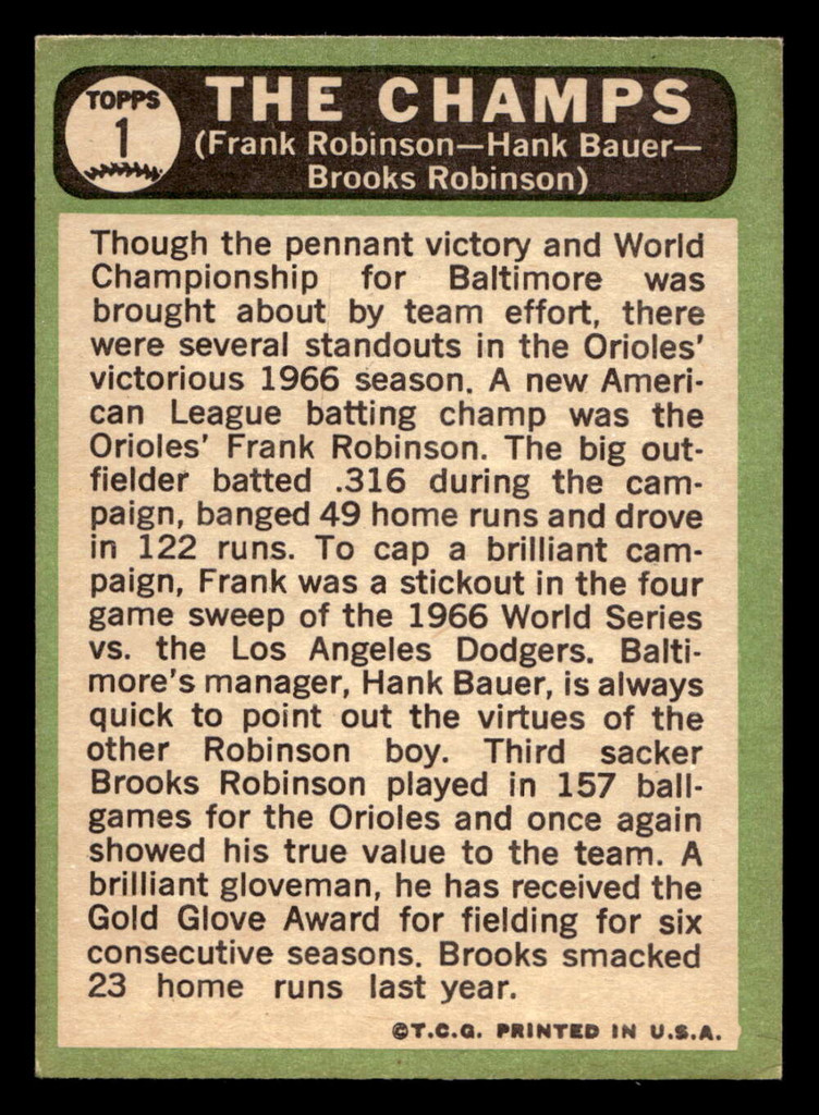 1967 Topps #1 Frank Robinson/Hank Bauer/Brooks Robinson The Champs DP Excellent+  ID: 496289