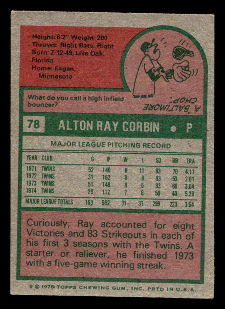 1975 Topps Mini #78 Ray Corbin Excellent+ 