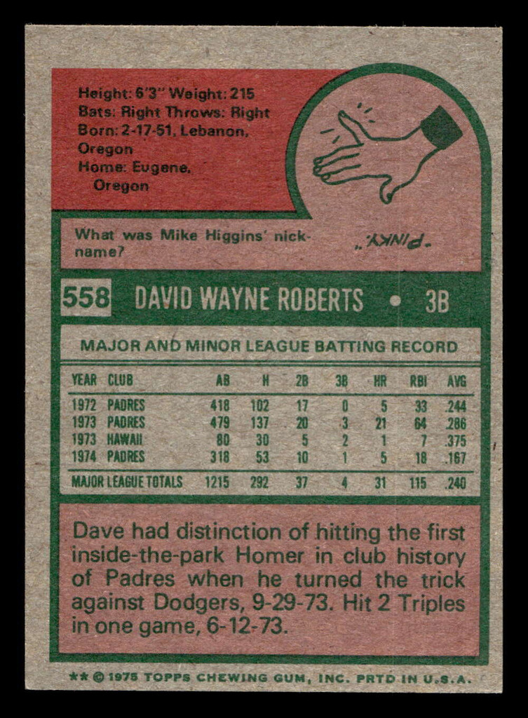 1975 Topps Mini #558 Dave Roberts Ex-Mint 