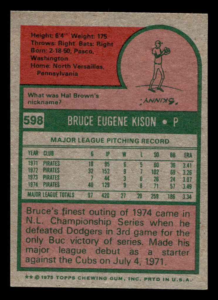 1975 Topps Mini #598 Bruce Kison Ex-Mint  ID: 496890