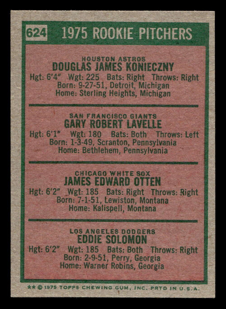 1975 Topps Mini #624 Rookie Pitchers Gary Lavelle/Doug Konieczny/Jim Otten/Eddie Solomon Excellent+ RC Rookie  ID: 496907