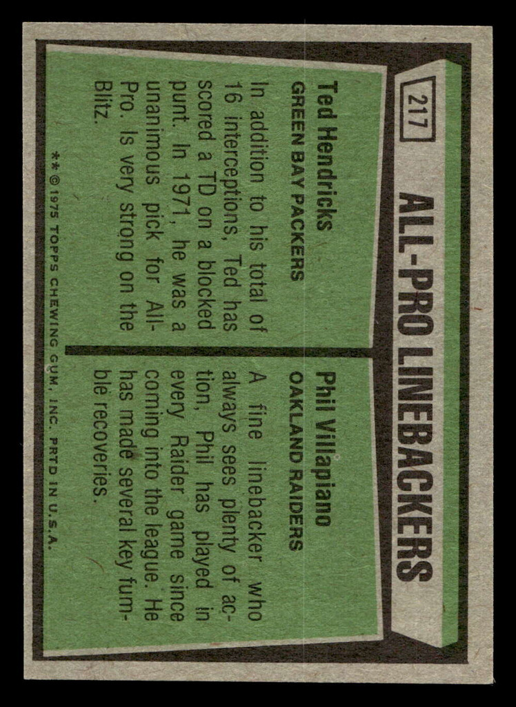 1975 Topps #217 Ted Hendricks/Phil Villapiano All-Pro Linebackers Very Good 