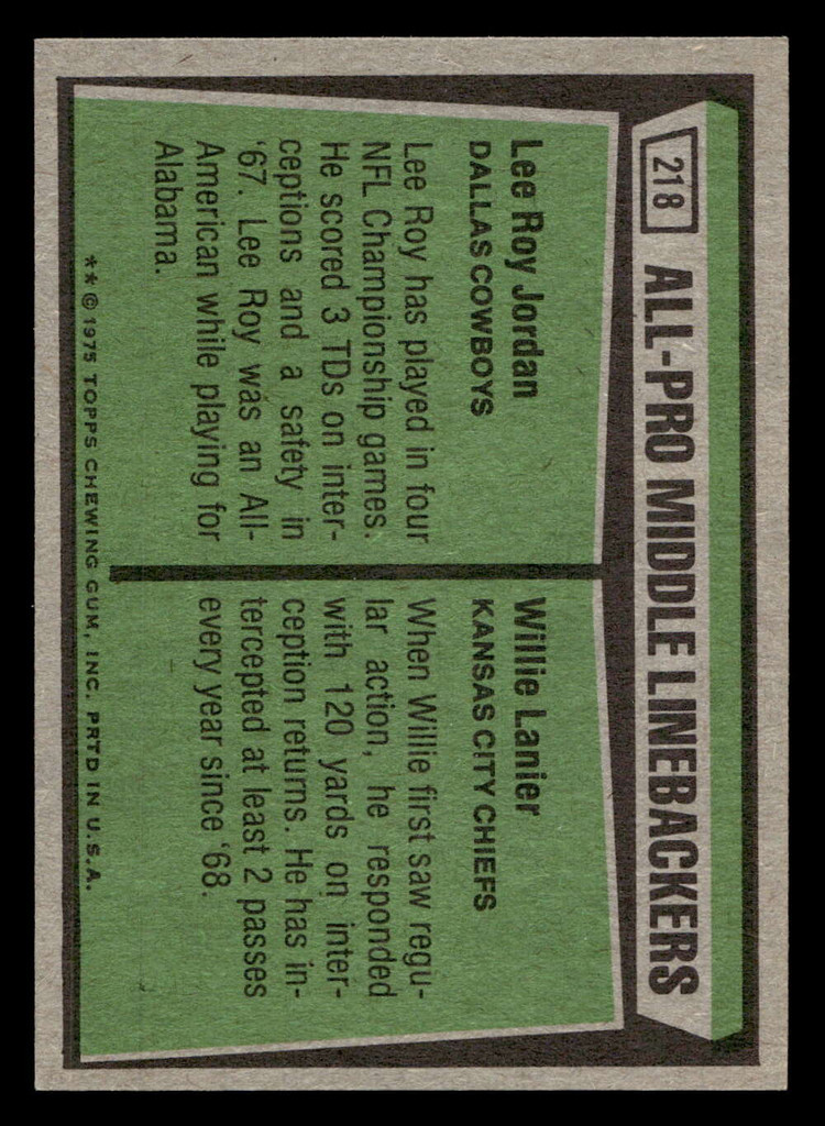 1975 Topps #218 Lee Roy Jordan/Willie Lanier All-Pro Linebackers Near Mint  ID: 497384