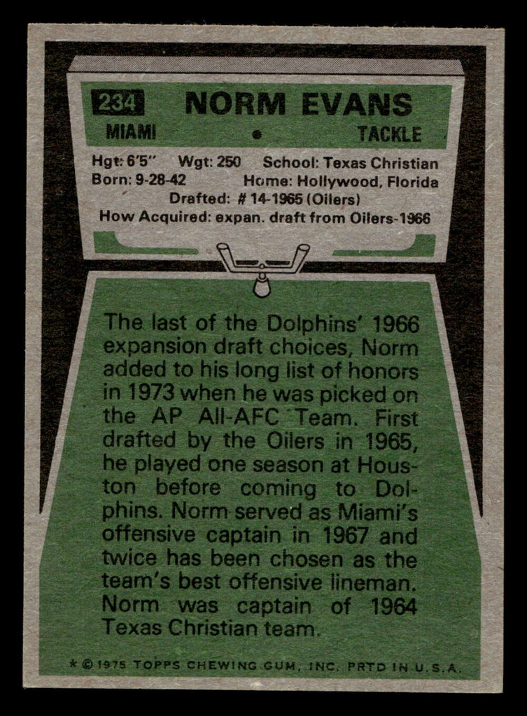 1975 Topps #234 Norm Evans Ex-Mint  ID: 497438