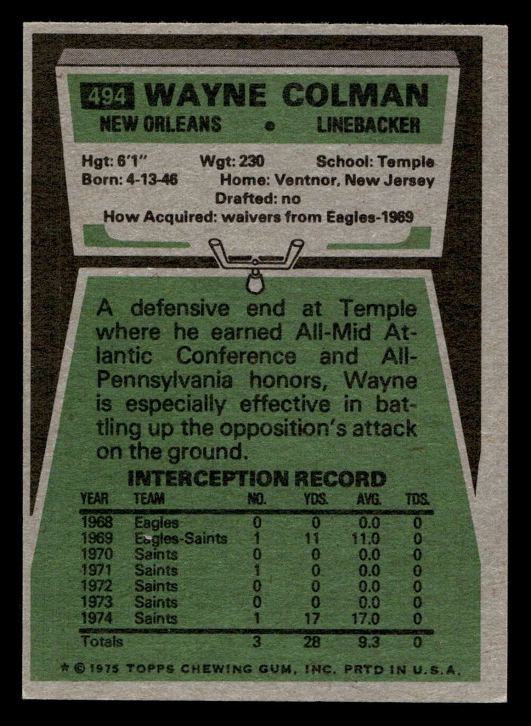 1975 Topps #494 Wayne Colman Ex-Mint 