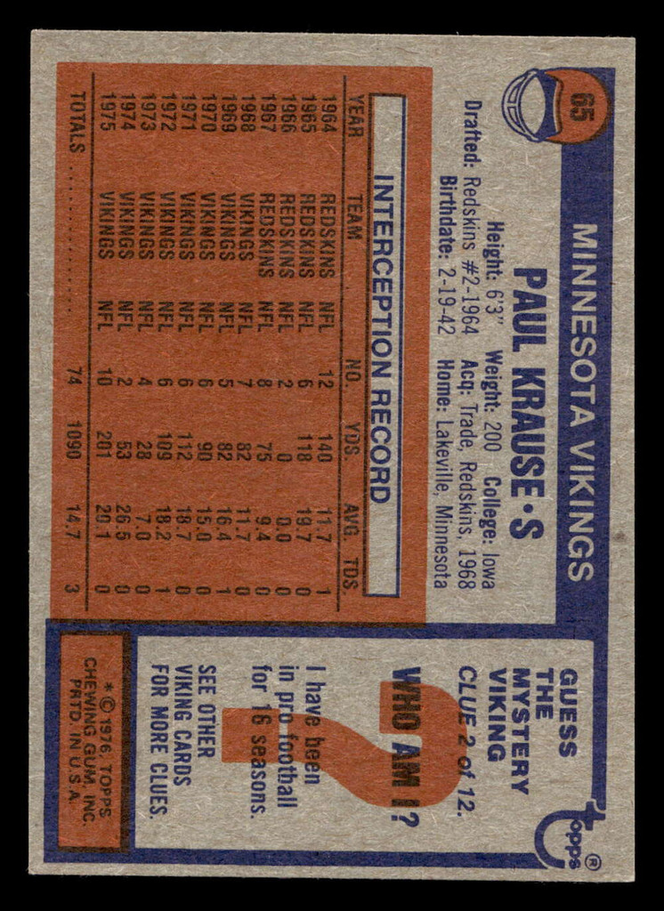 1976 Topps #65 Paul Krause Near Mint  ID: 498680