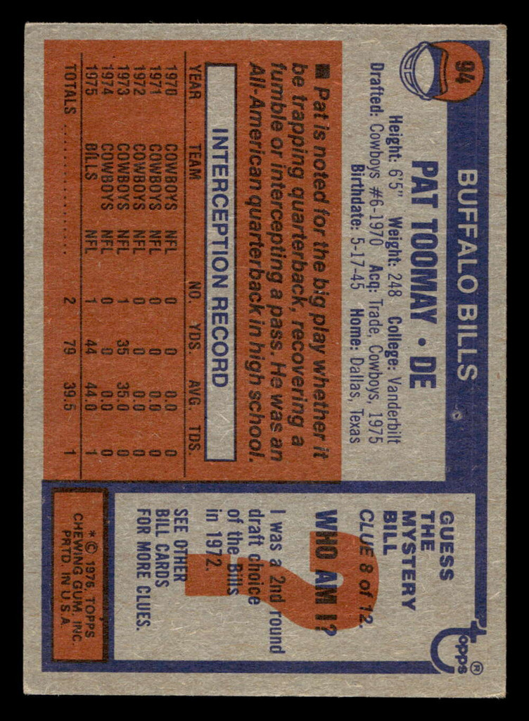 1976 Topps #94 Pat Toomay Ex-Mint  ID: 498773