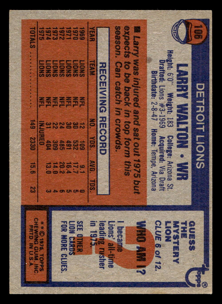 1976 Topps #106 Larry Walton Near Mint  ID: 498804