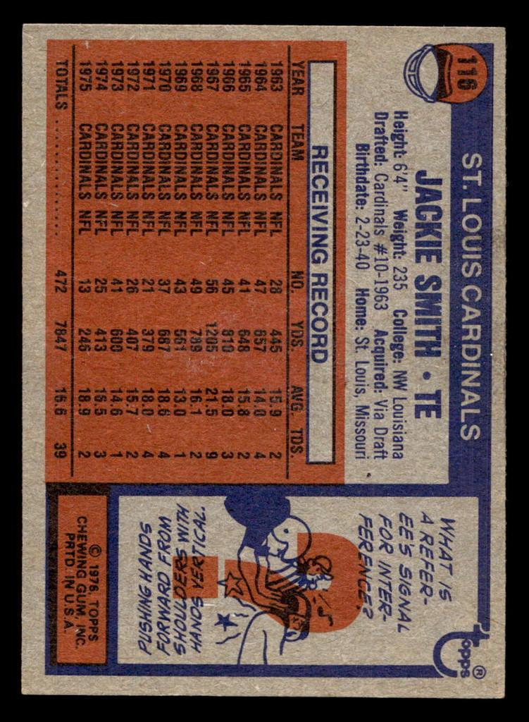 1976 Topps #116 Jackie Smith Ex-Mint  ID: 498828