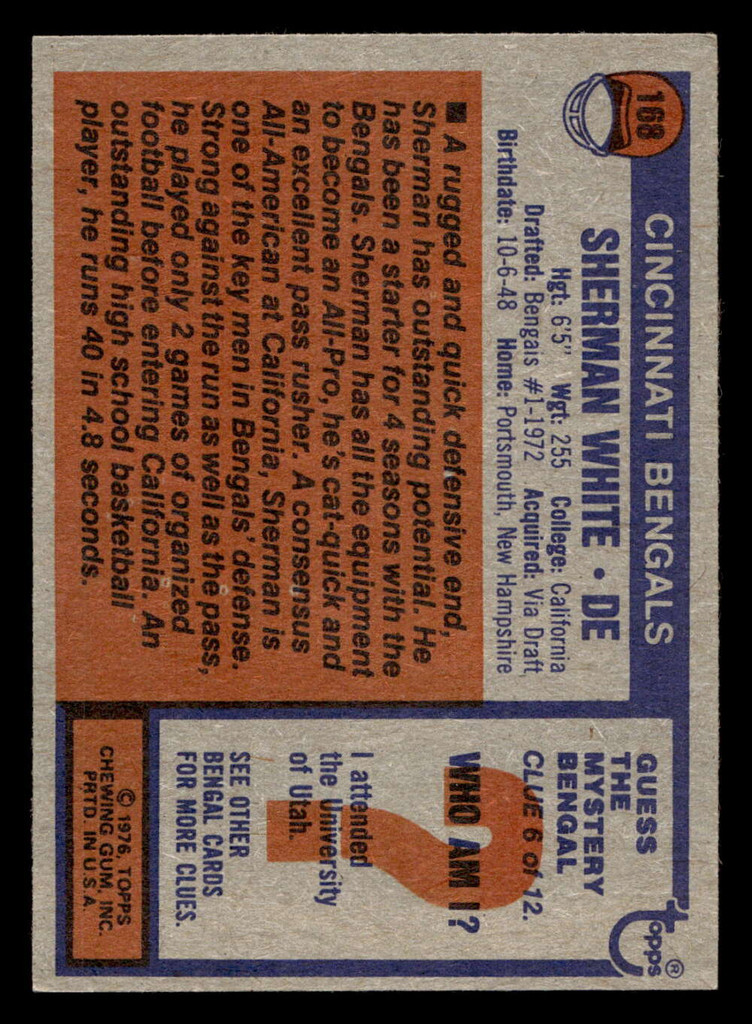 1976 Topps #168 Sherman White Ex-Mint  ID: 498988